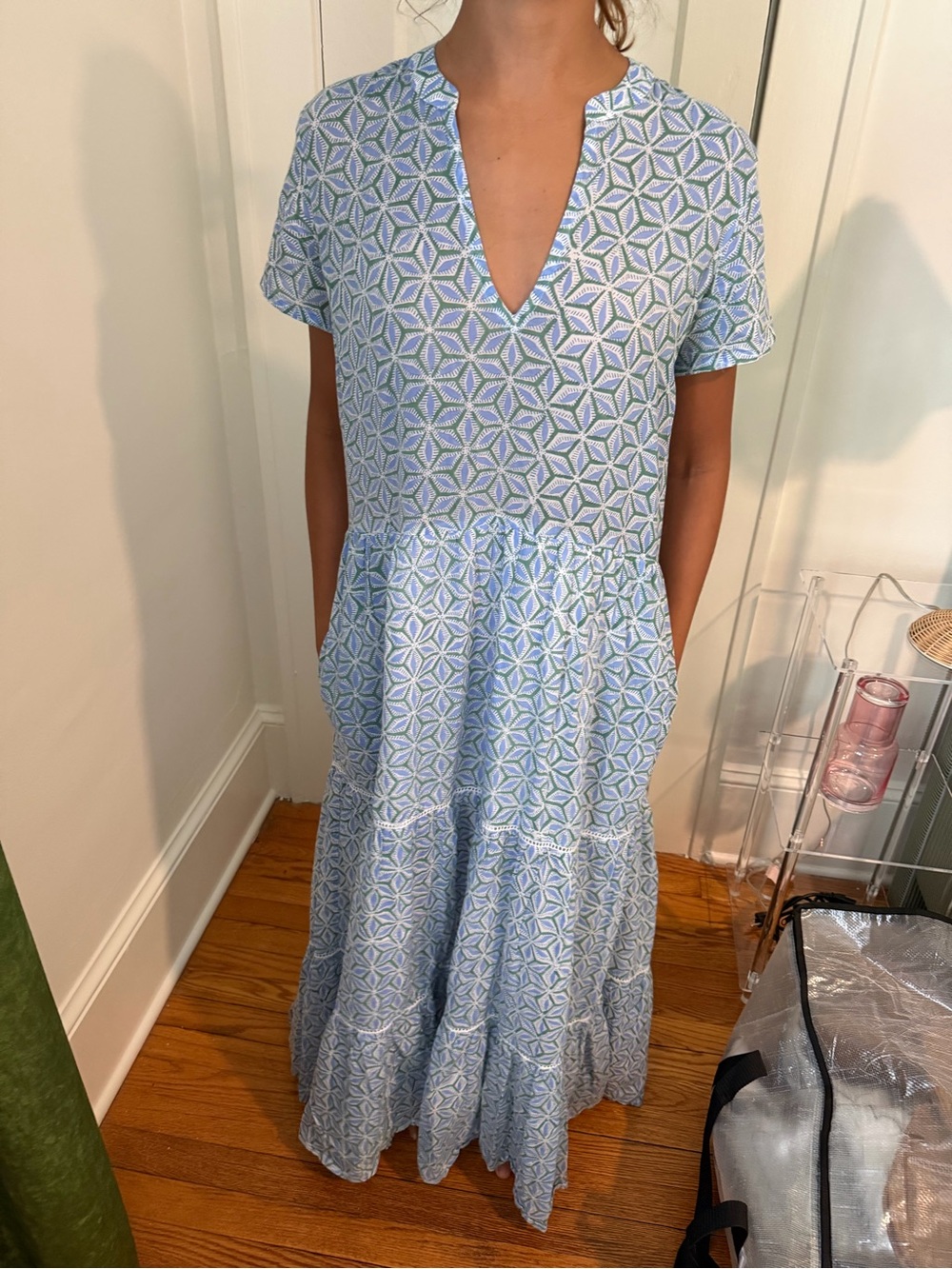 Light Blue Geometric V-Notch Tiered Maxi Dress